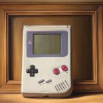 Ein Gemälde von einem grauen Game Boy, welcher vor einem Bilderrahmen steht.