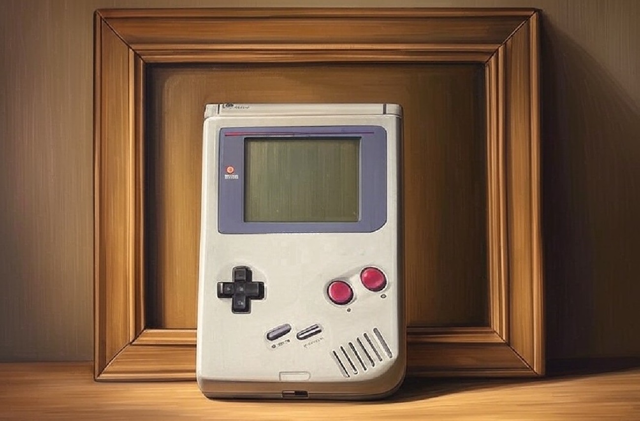 Ein Gemälde von einem grauen Game Boy, welcher vor einem Bilderrahmen steht.